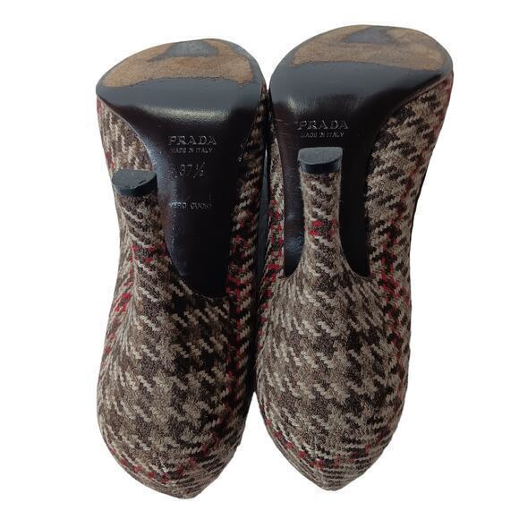 PRADA Houndstooth Fabric Heels Pumps Shoes Size 37.5 Peep Toe Brown Red Wool - Picture 5 of 11